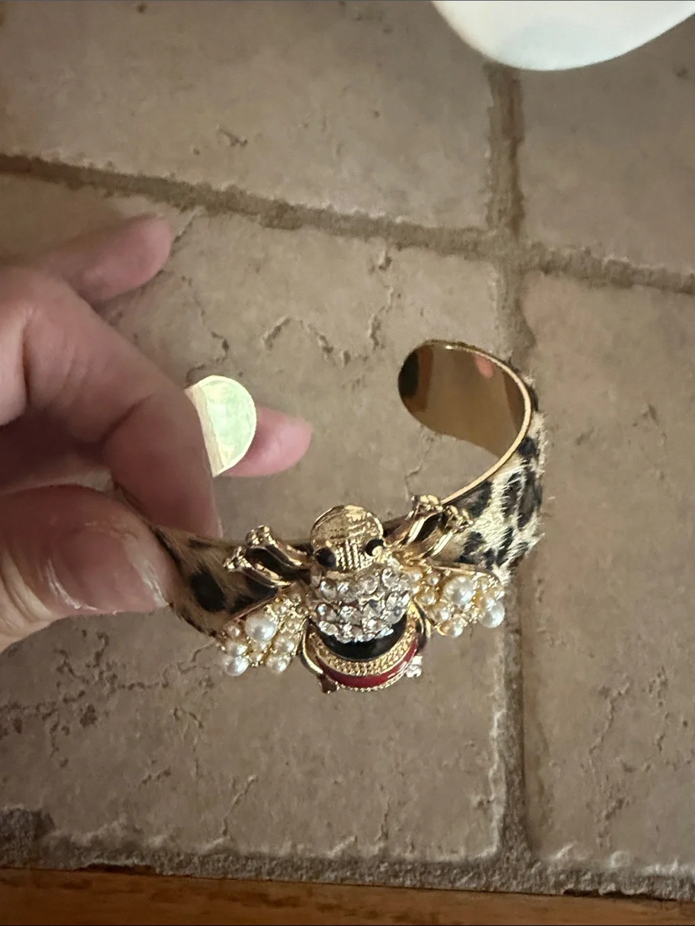 Gold Bee Pearl Accent Leopard Hair Cuff Bracelet